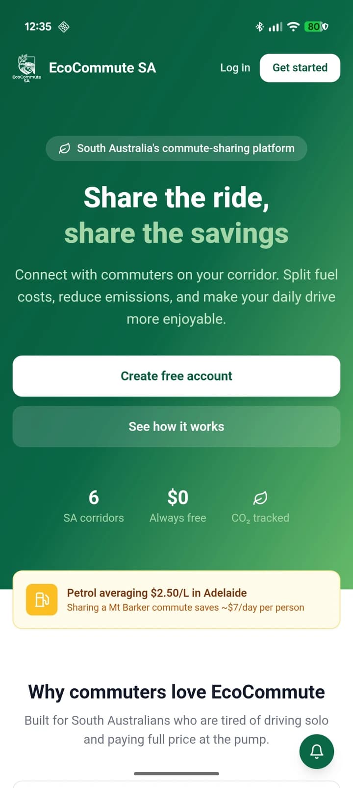 EcoCommute SA active-ride view on Android