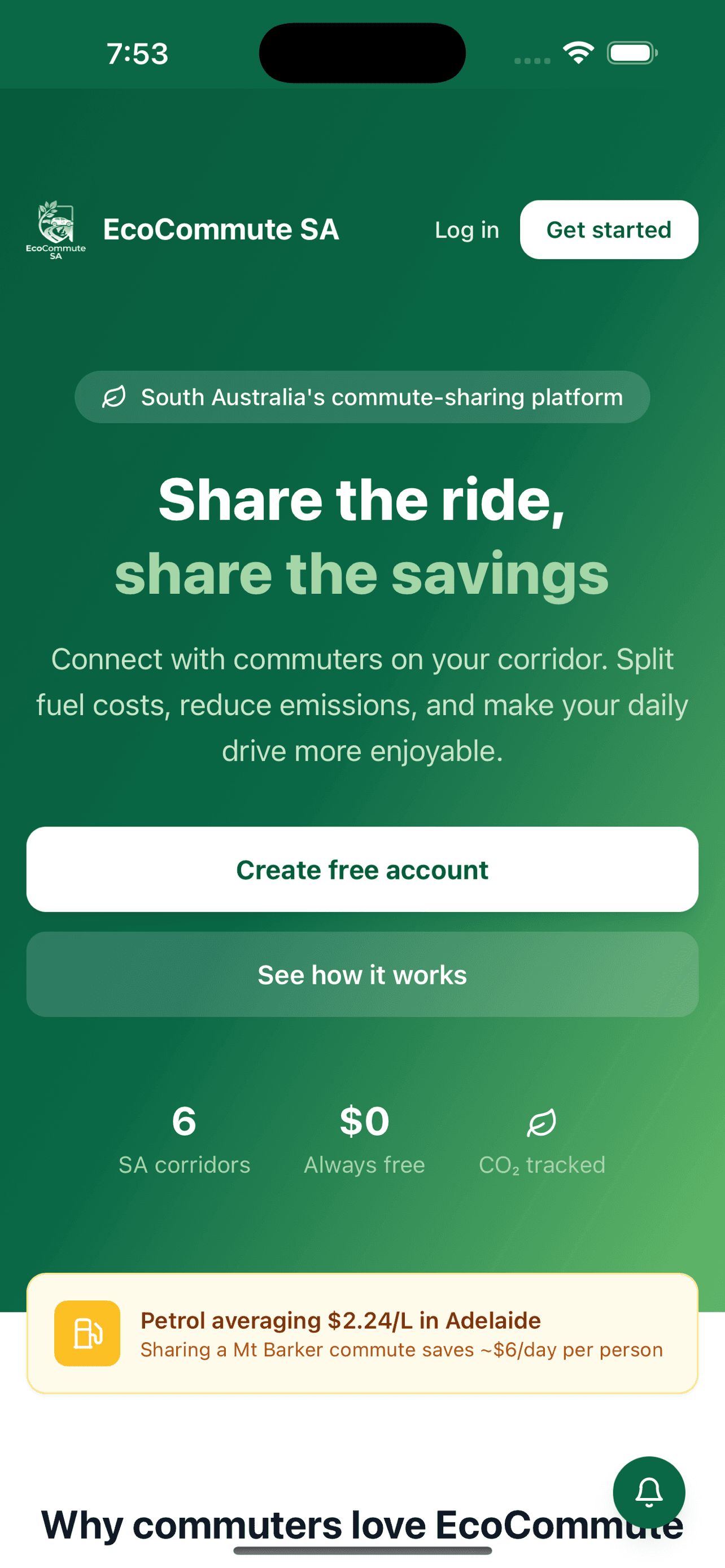 EcoCommute SA welcome screen on iPhone