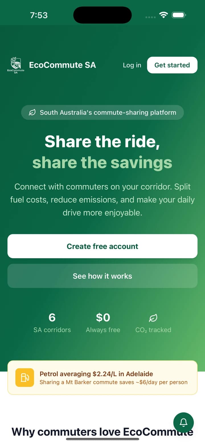 EcoCommute SA welcome screen on iPhone